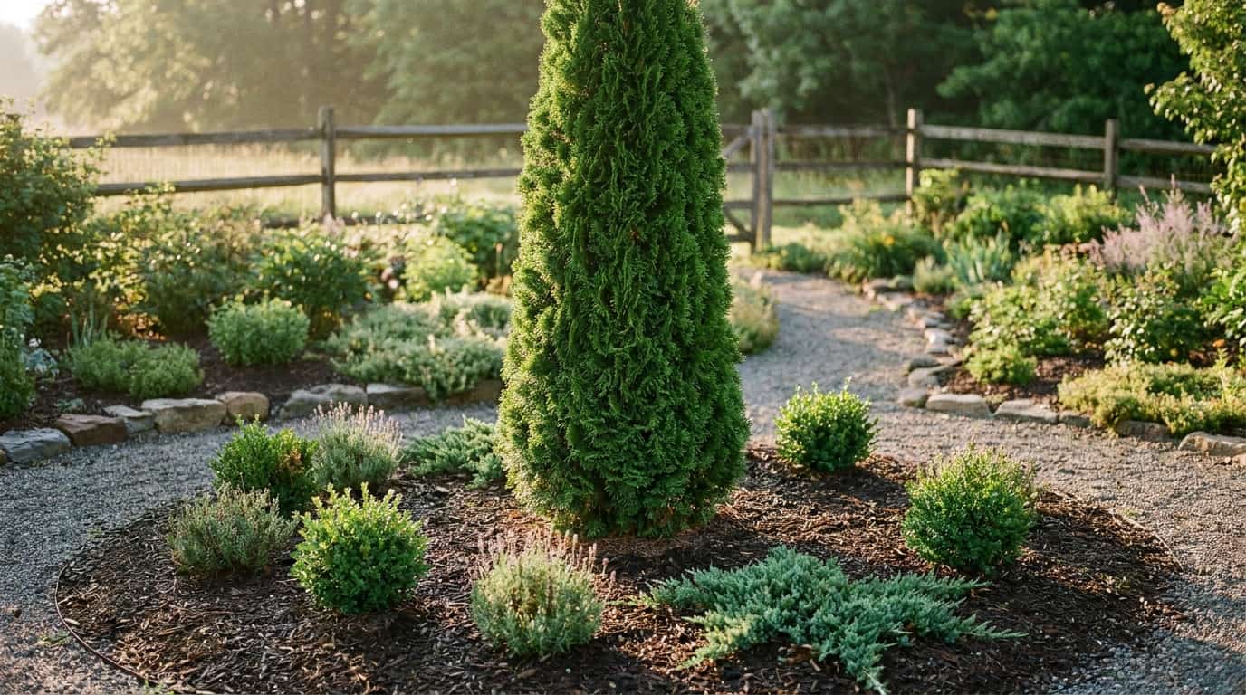single emerald green arborvitae with clear space from shrubs fence and garden path