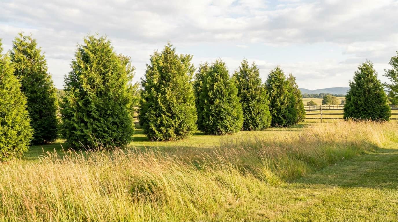 loose arborvitae row with wider gaps forming a soft green windbreak on open lawn