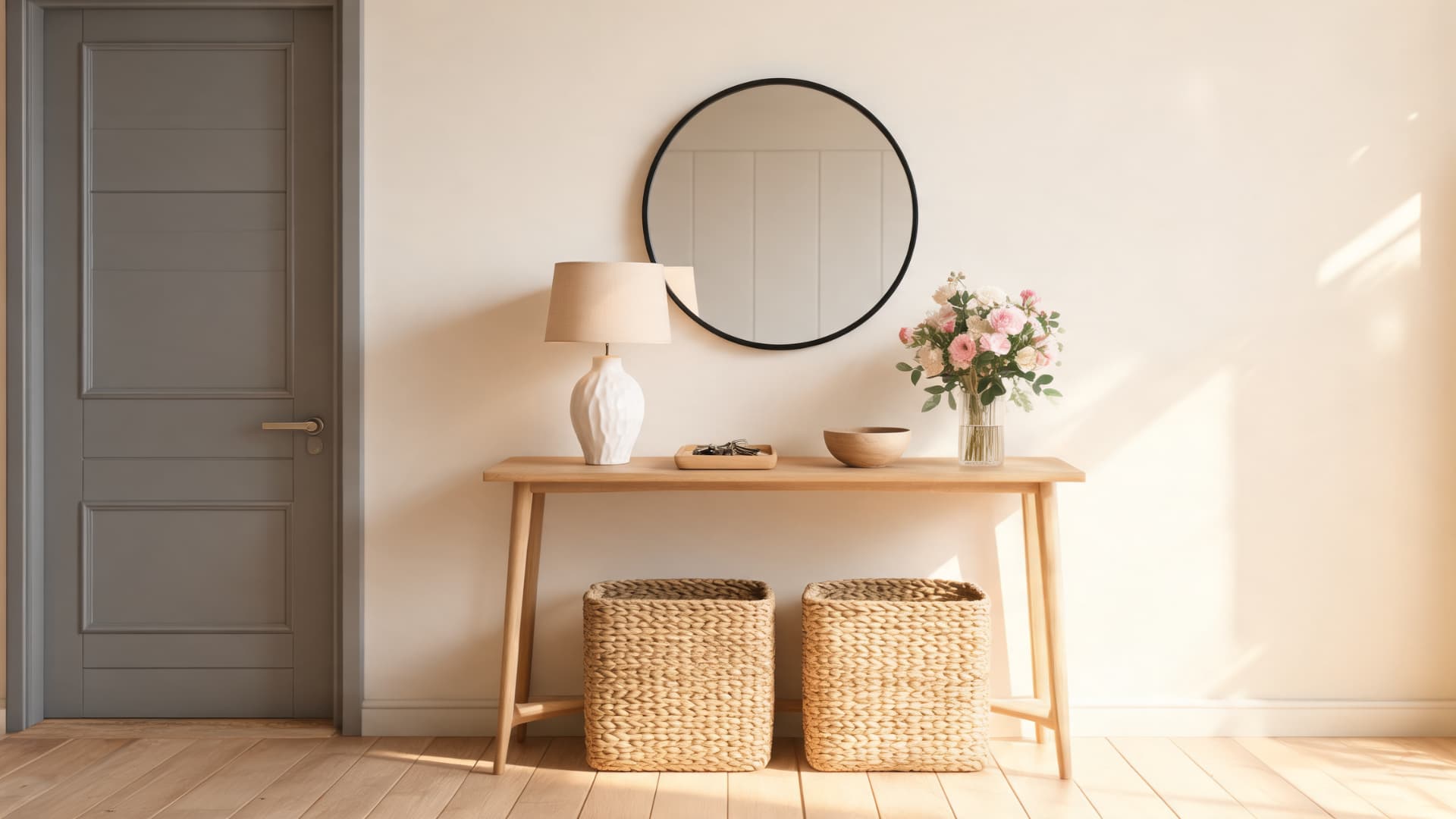 minimal entryway console table styling with mirror woven baskets and soft natural lighting