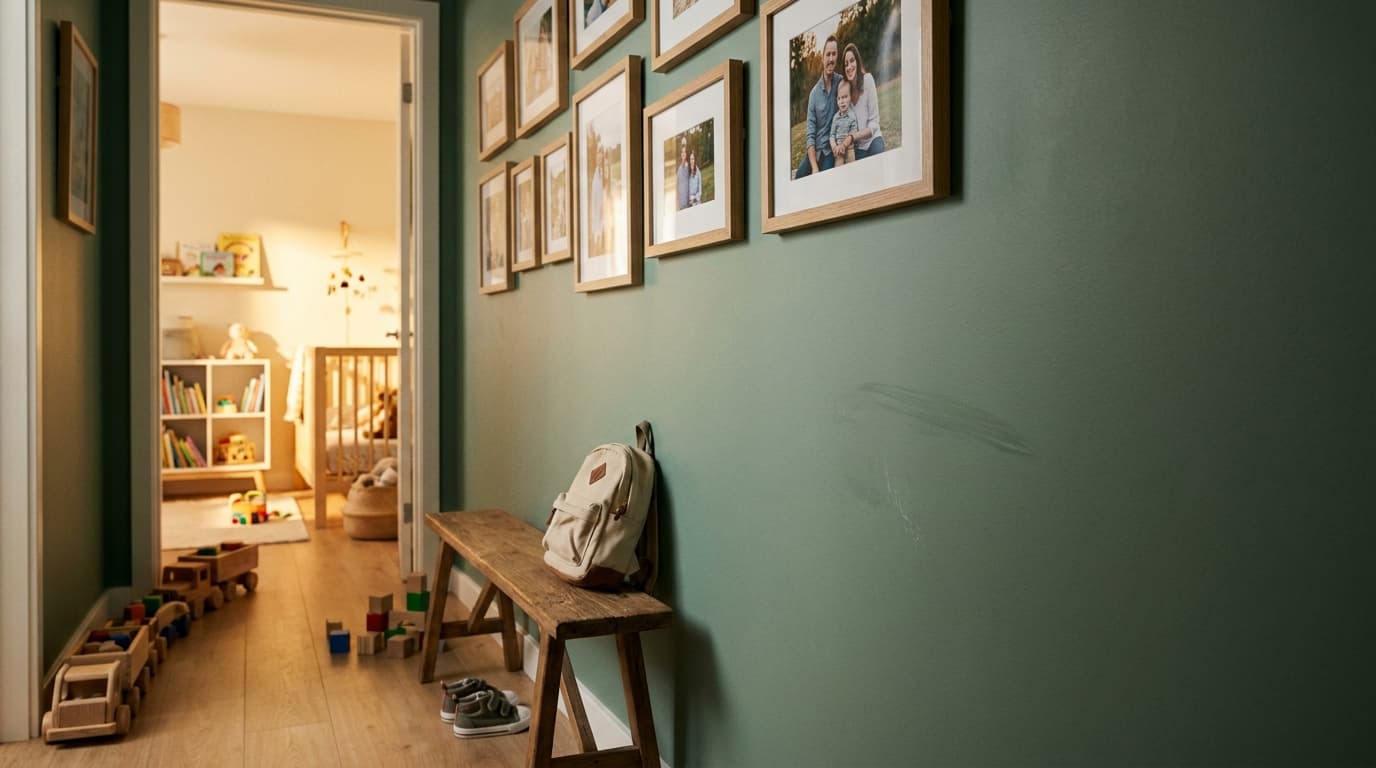 eucalyptus hallway wall with soft low sheen finish leading into a lived in childs room