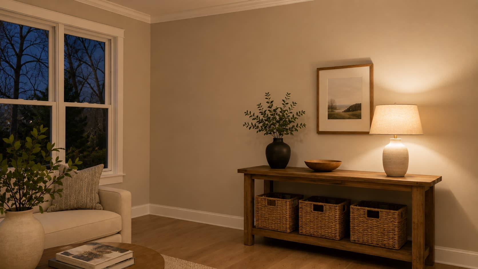 evening living room with pale oak walls warm lamps white trim and cozy neutral decor