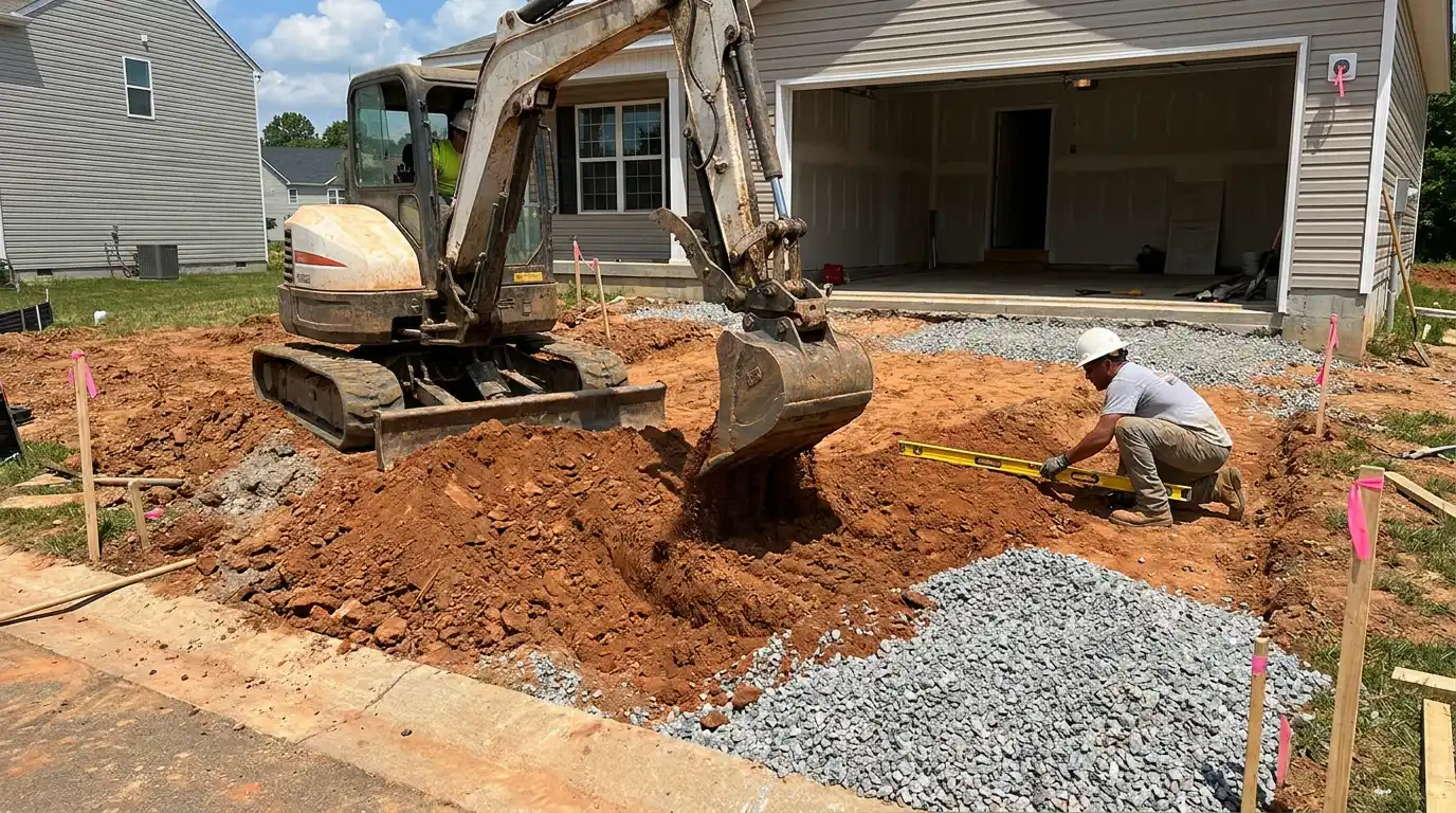 excavator shaping driveway slope while worker checks grading before asphalt installation