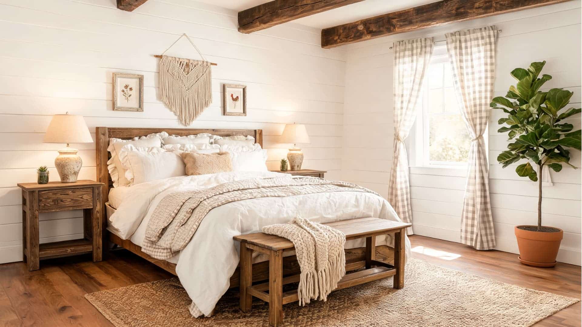 farmhouse bedroom with shiplap walls, rustic wood furniture, gingham curtains, soft bedding, and warm light