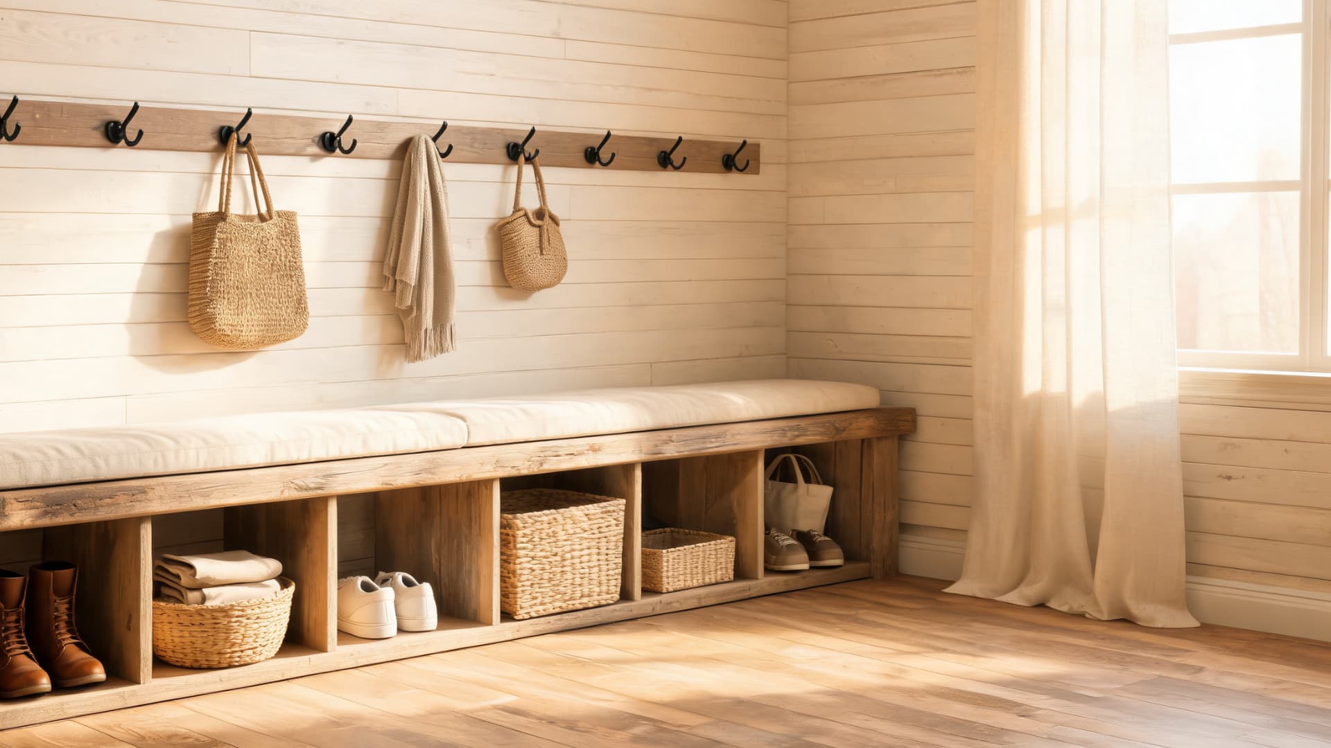 farmhouse style mudroom with wooden bench, hooks, baskets, shoes storage and warm natural sunlight coming through window