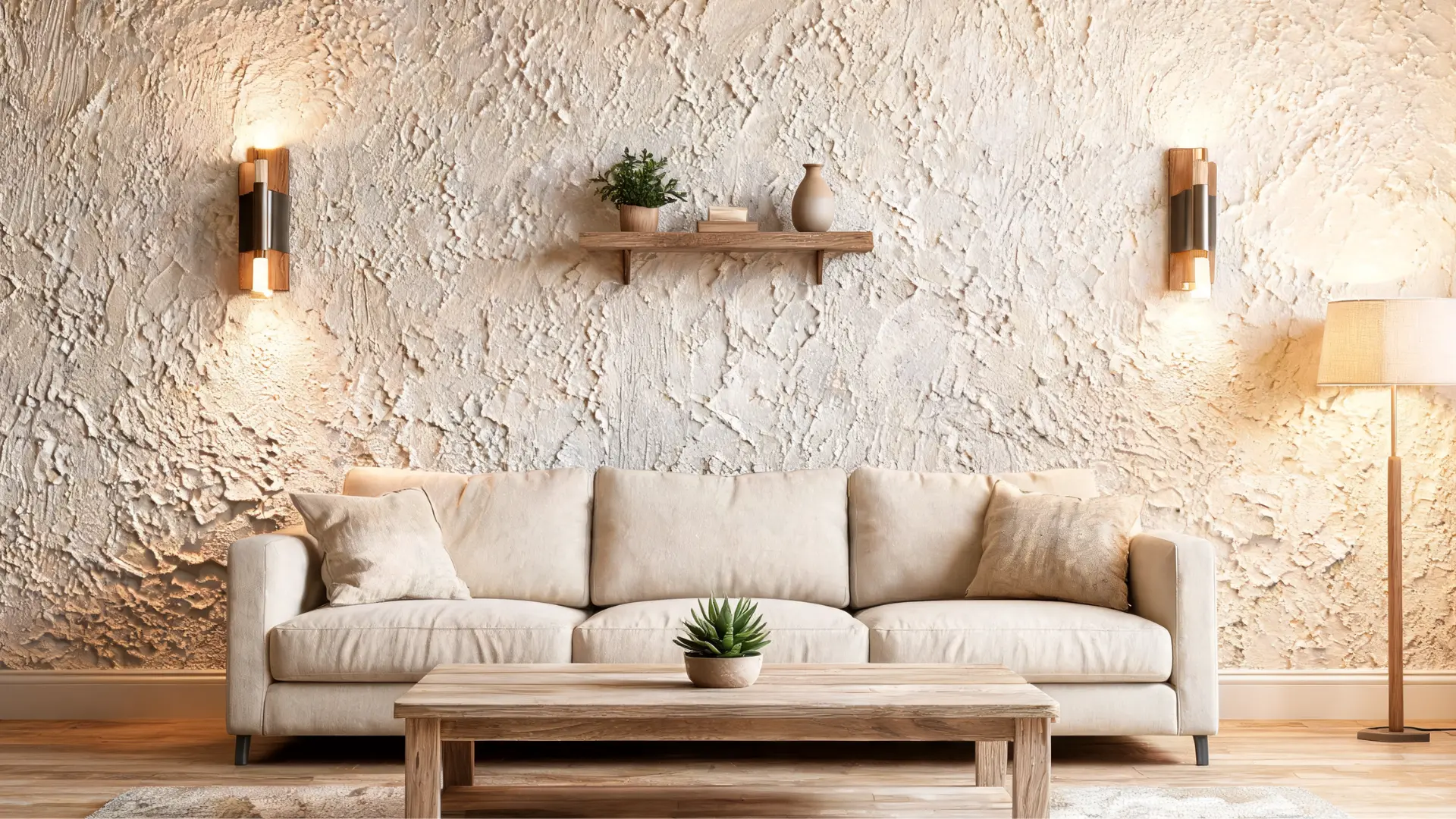 feature wall with slap brush drywall texture, rustic hand-crafted pattern in a modern transitional room