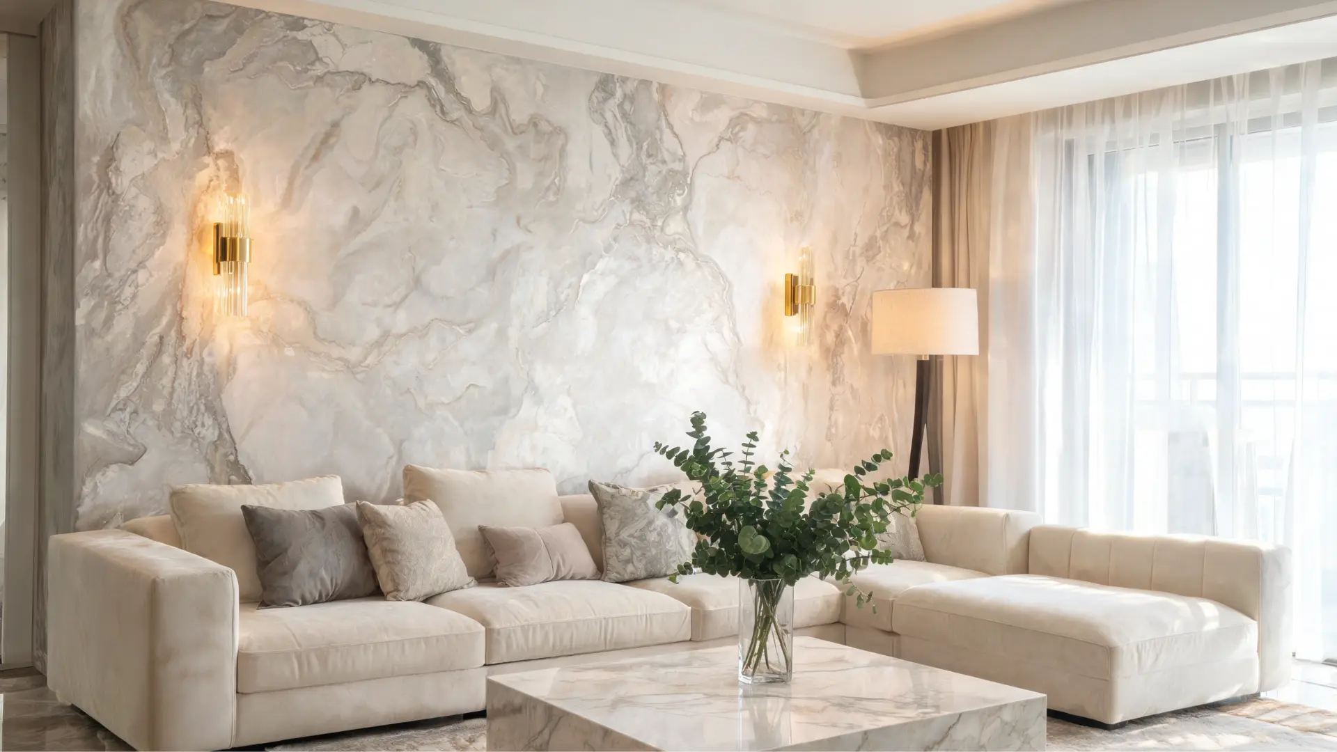 feature wall with Venetian plaster faux finish, marble-like texture in a high-end living room