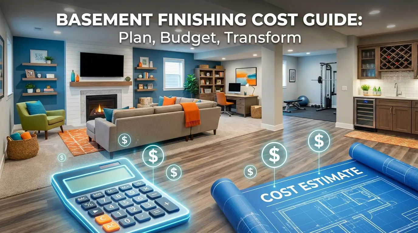 modern finished basement showing family room office gym and flooring with calculator for basement finishing cost