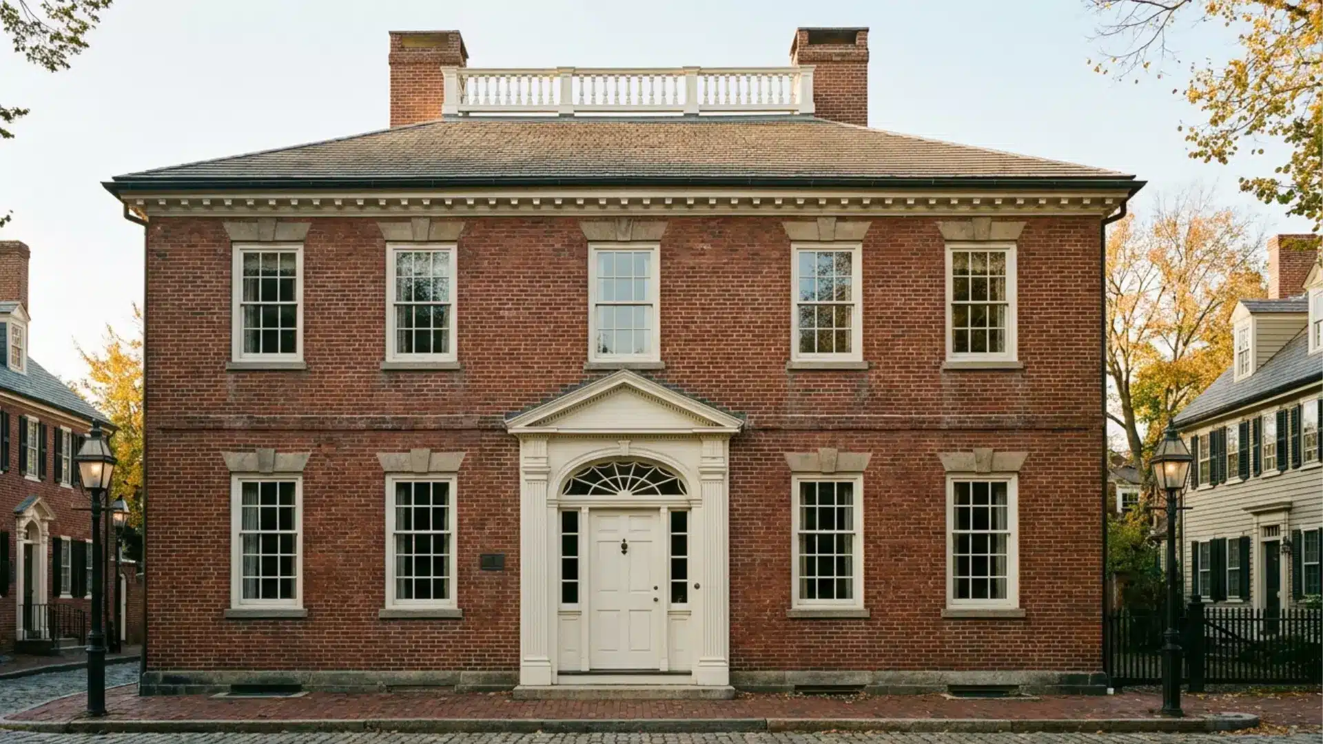 symmetrical brick federal style house featuring fanlight doorway, sidelights, and balanced facade reflecting early American architecture style