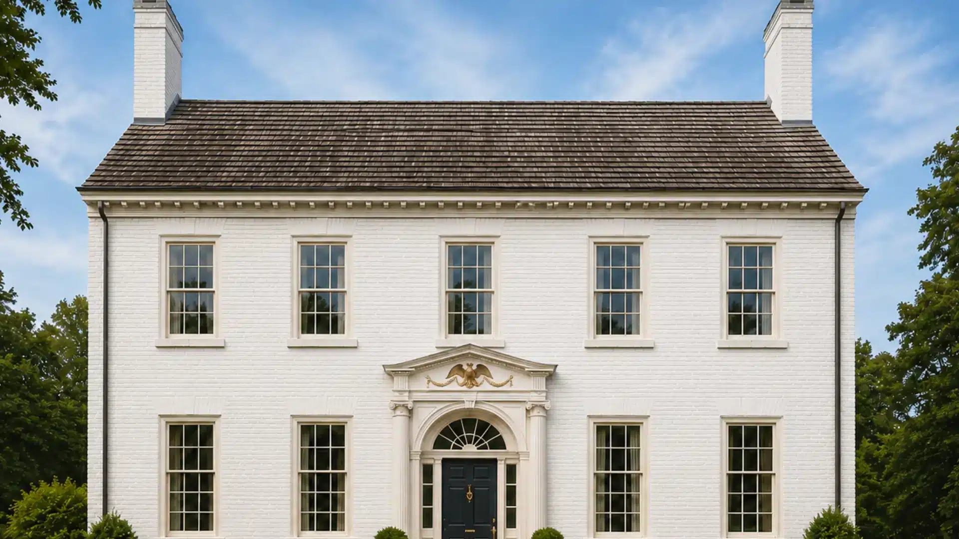 federal style house exterior with symmetrical facade, fanlight entry, sash windows, chimneys, and classical trim
