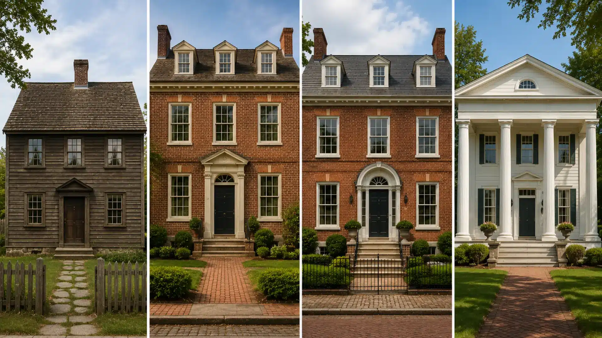 four panel comparison of federal style house exteriors from simple wood siding to brick and columned facades