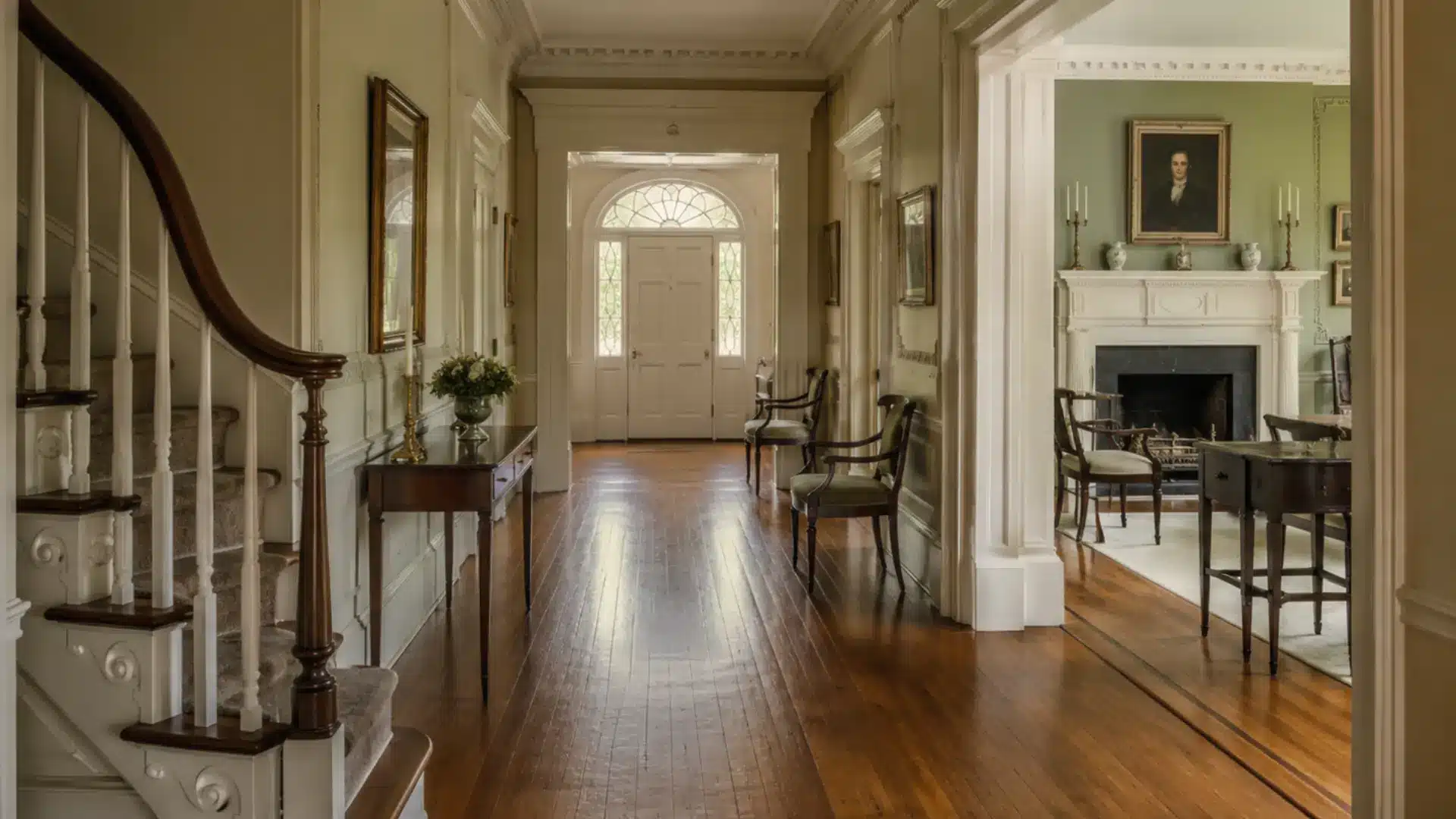 federal style house interior with central hallway, staircase, classical mantel, moldings, and refined decor
