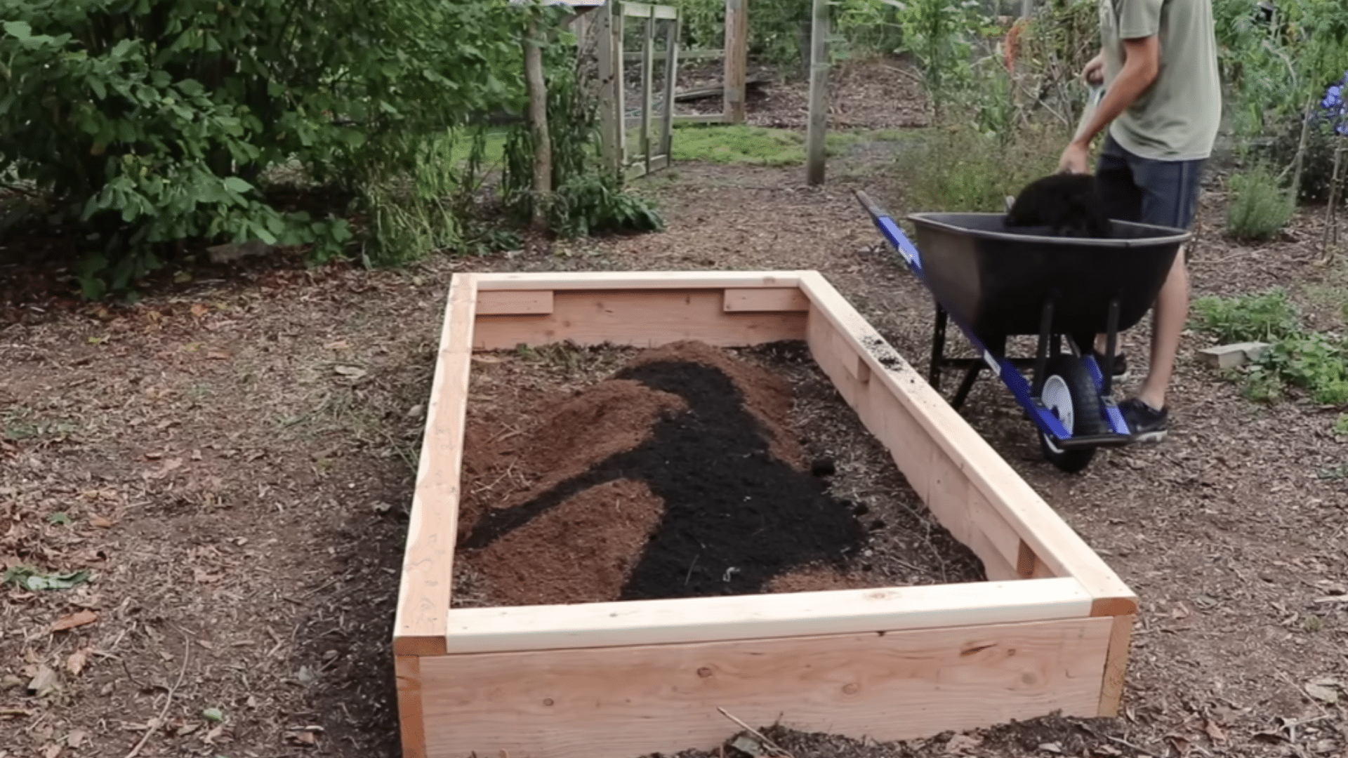 filling the raised bed with mulch compost and peat moss
