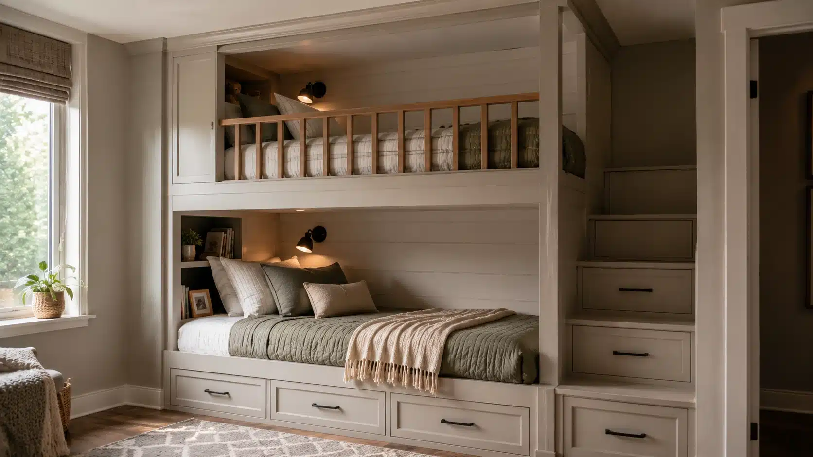 finished built in bunk beds with trim shelves lighting and stair storage in a kids bedroom