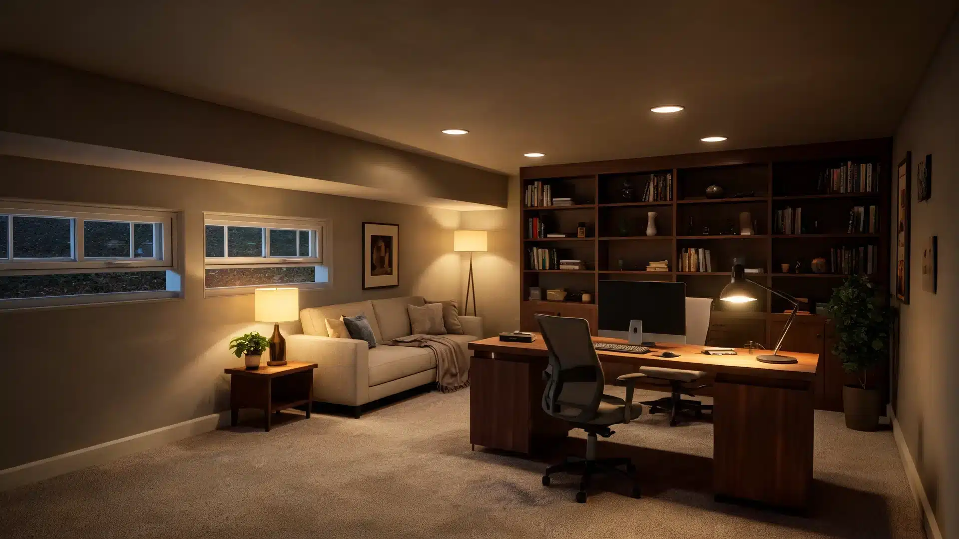 finished home office basement shows how much does it cost to finish a basement with lighting, carpet, and built-ins