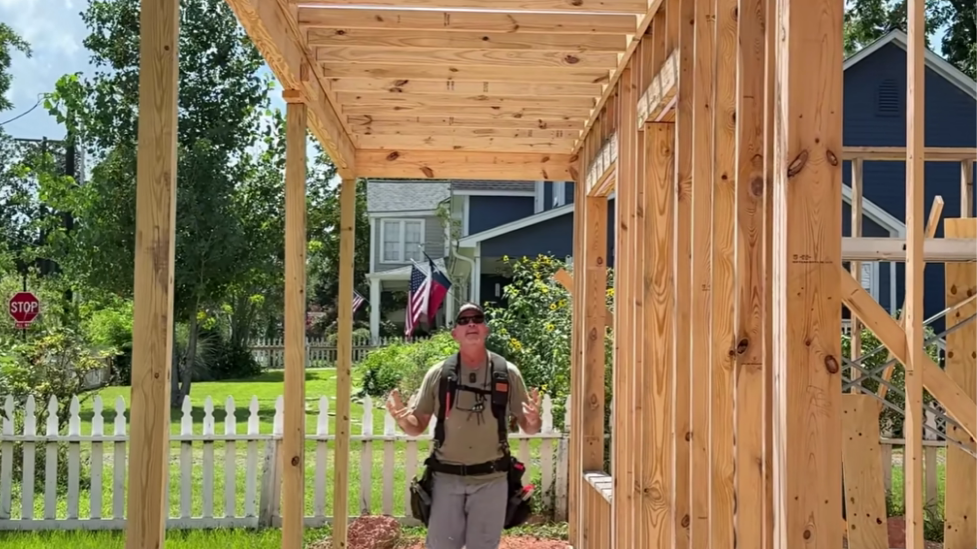 finished porch frame with permanent fasteners installed and temporary braces removed