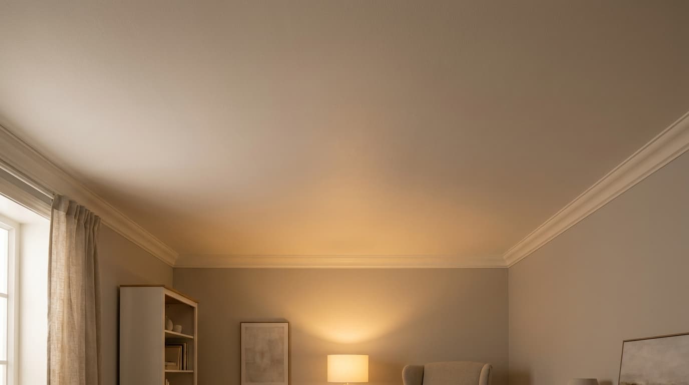 flat matte ceiling with soft texture and no glare above a warm simple room setting
