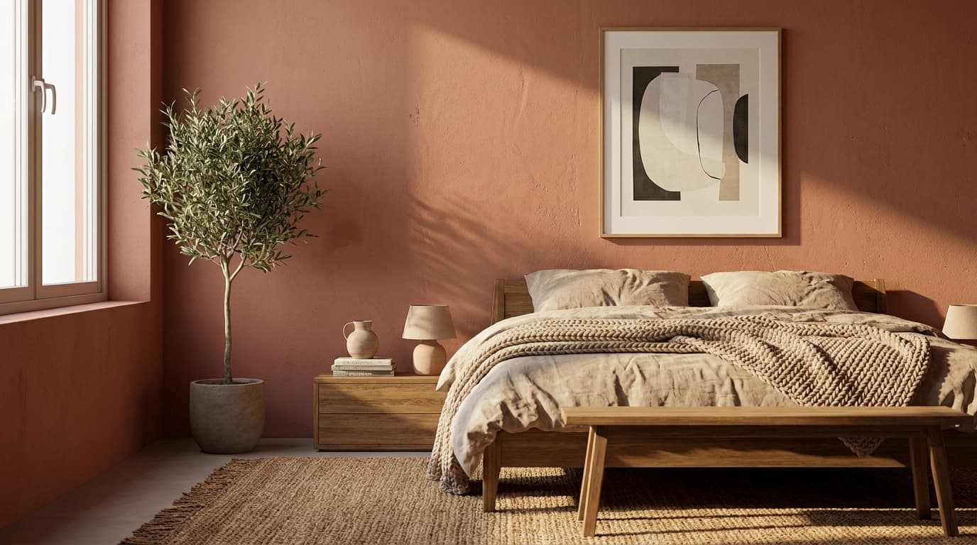 flat matte terracotta wall with soft grainy texture and minor surface marks under angled light