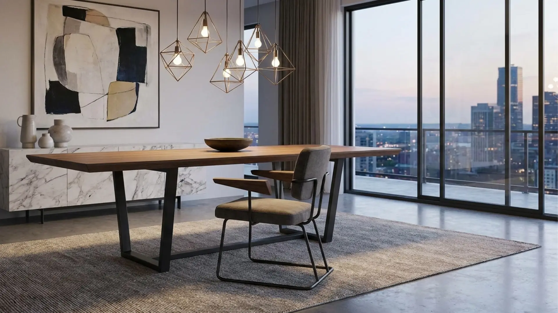 floating arm modern dining chair in designer dining room with sleek architectural contemporary style