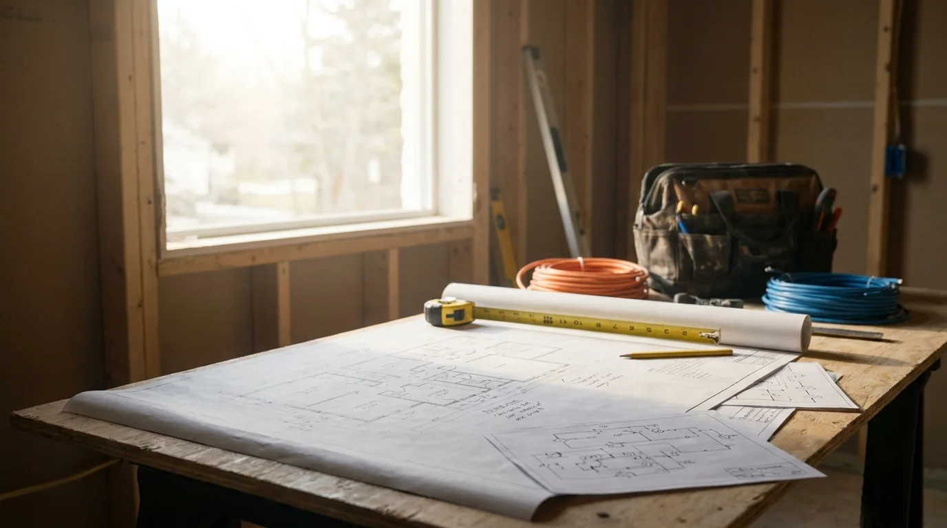 floor plan tape measure and electrical tools showing how home size affects the cost to rewire a house
