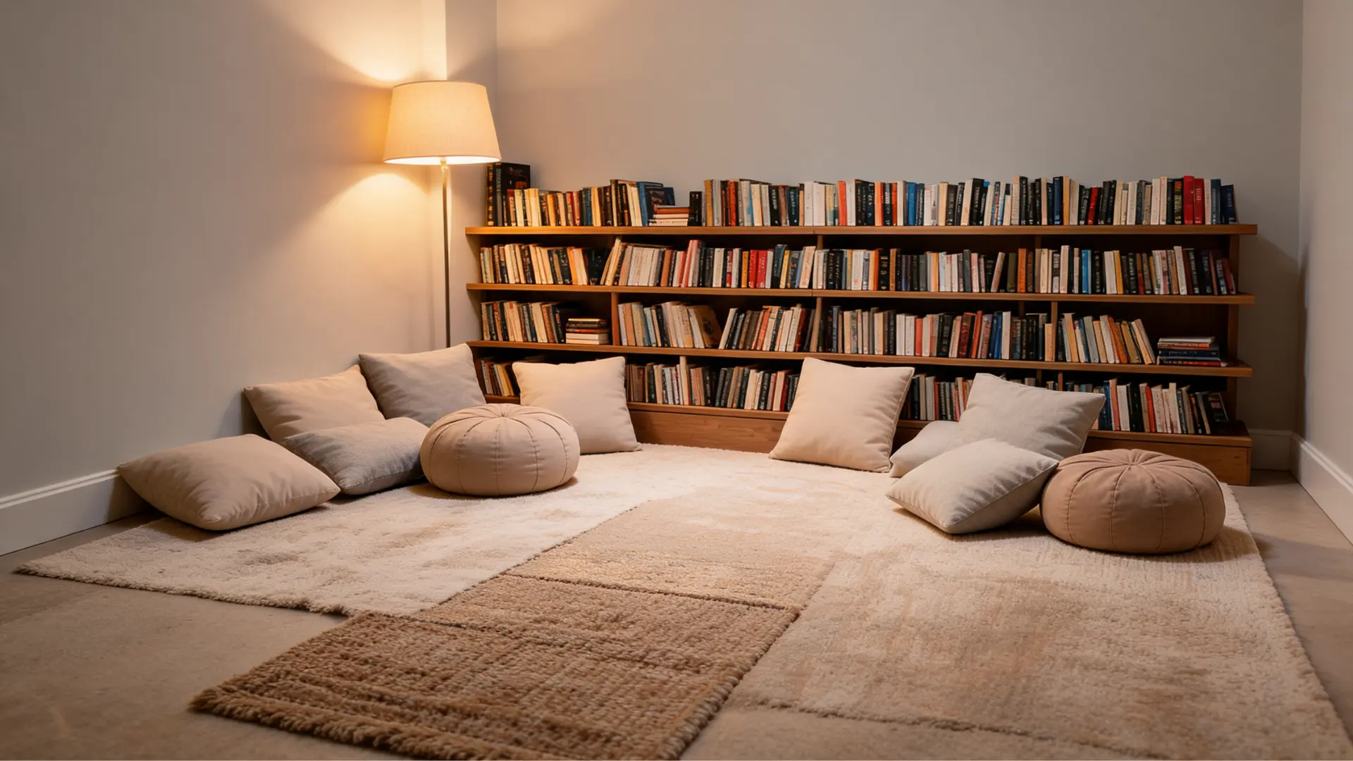 floor level reading nook with cushions poufs layered rugs and books