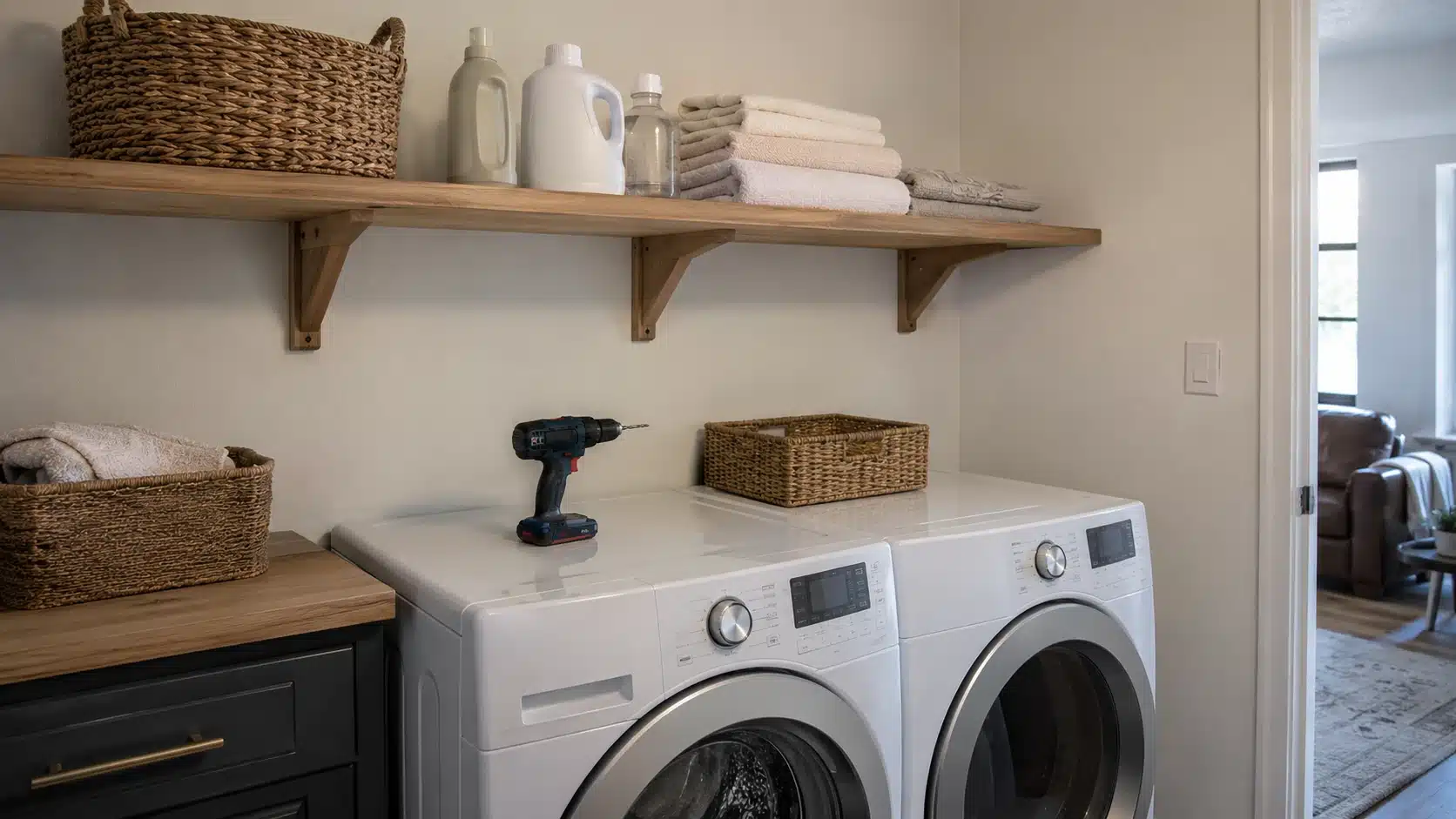 folding shelf above washer and dryer with baskets, towels, and detergent, showing diy home projects for laundry storage