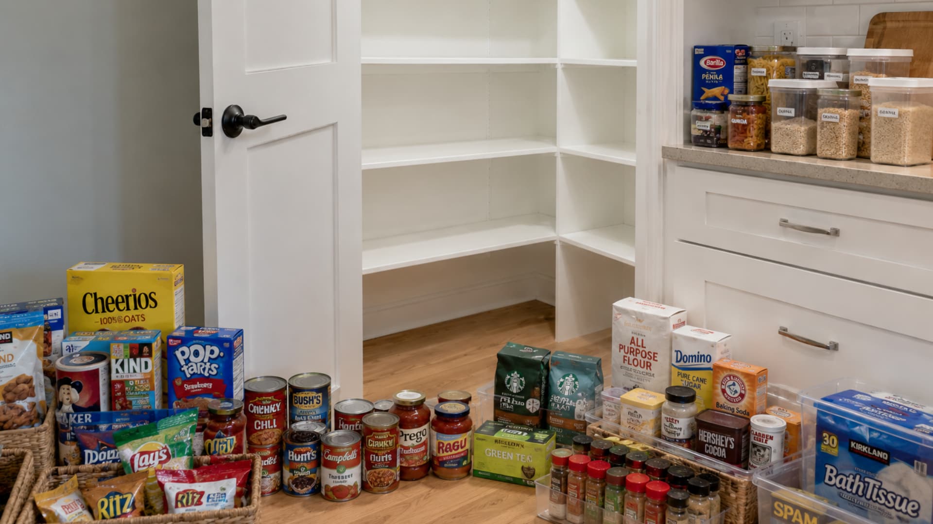 food items grouped into categories snacks breakfast baking canned goods pasta rice grains and spices before restock