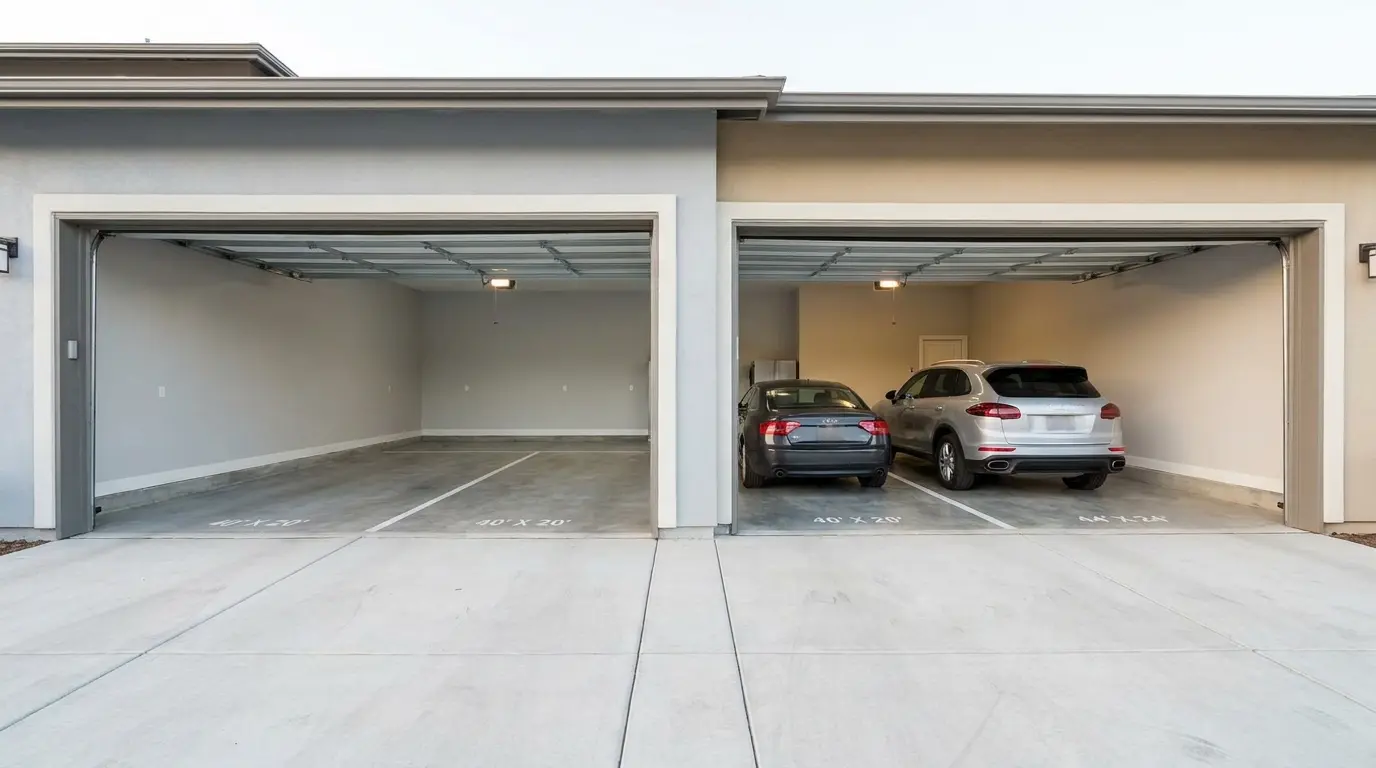four car garage dimensions showing multiple parking bays with clear driveway access and layout flow
