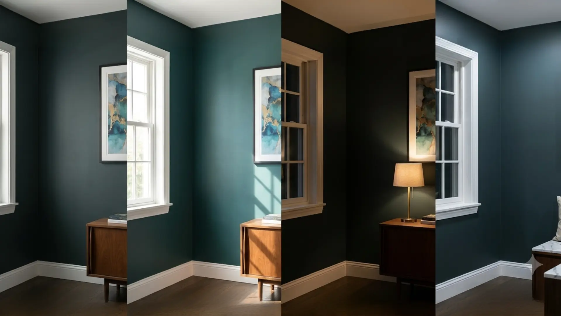 four-panel comparison image demonstrating how Benjamin Moore's deep teal-black Salamander paint shifts colors from soft green to rich teal and near-black under different lighting conditions