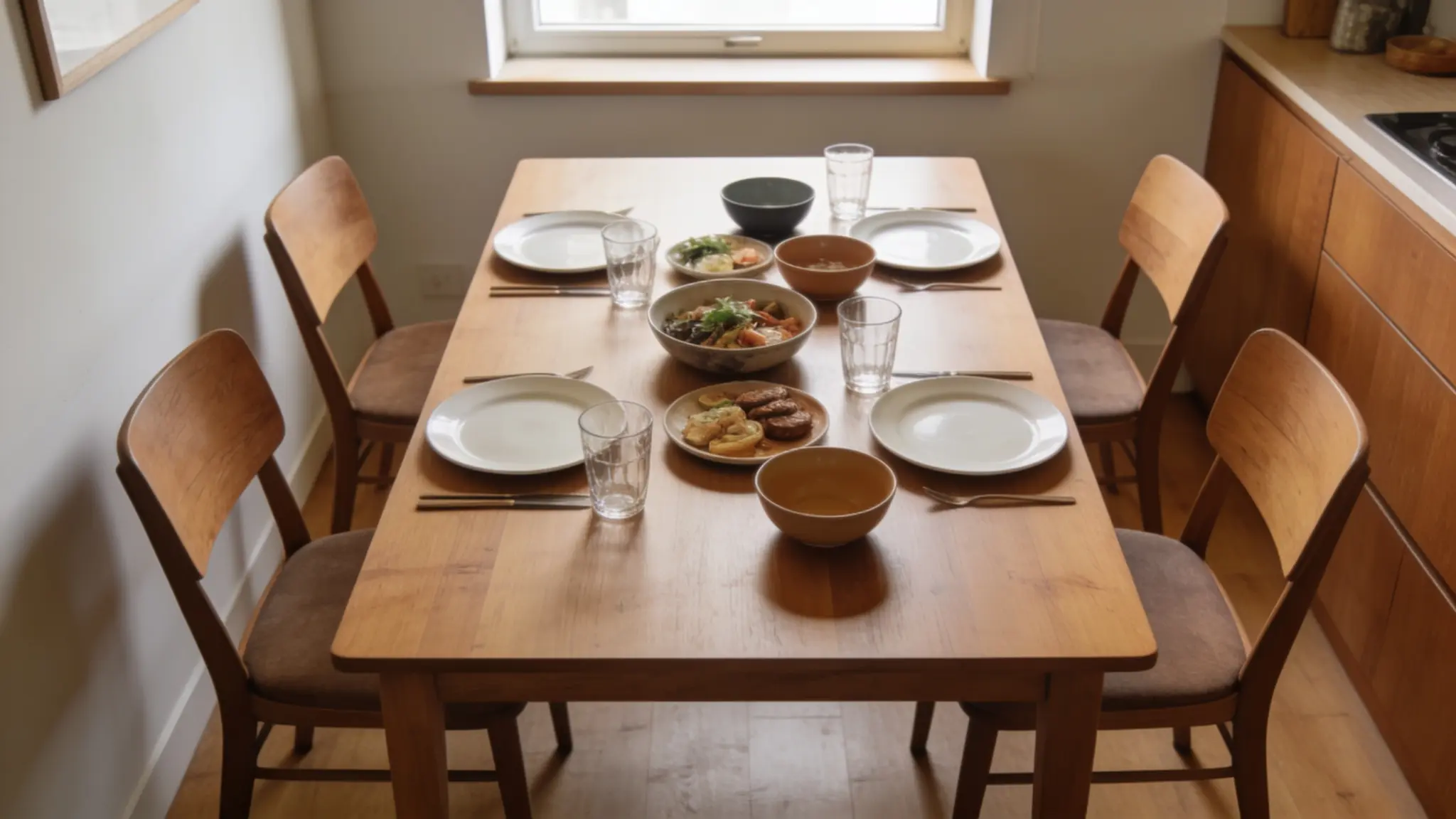 Four-person dining table in a small dining room