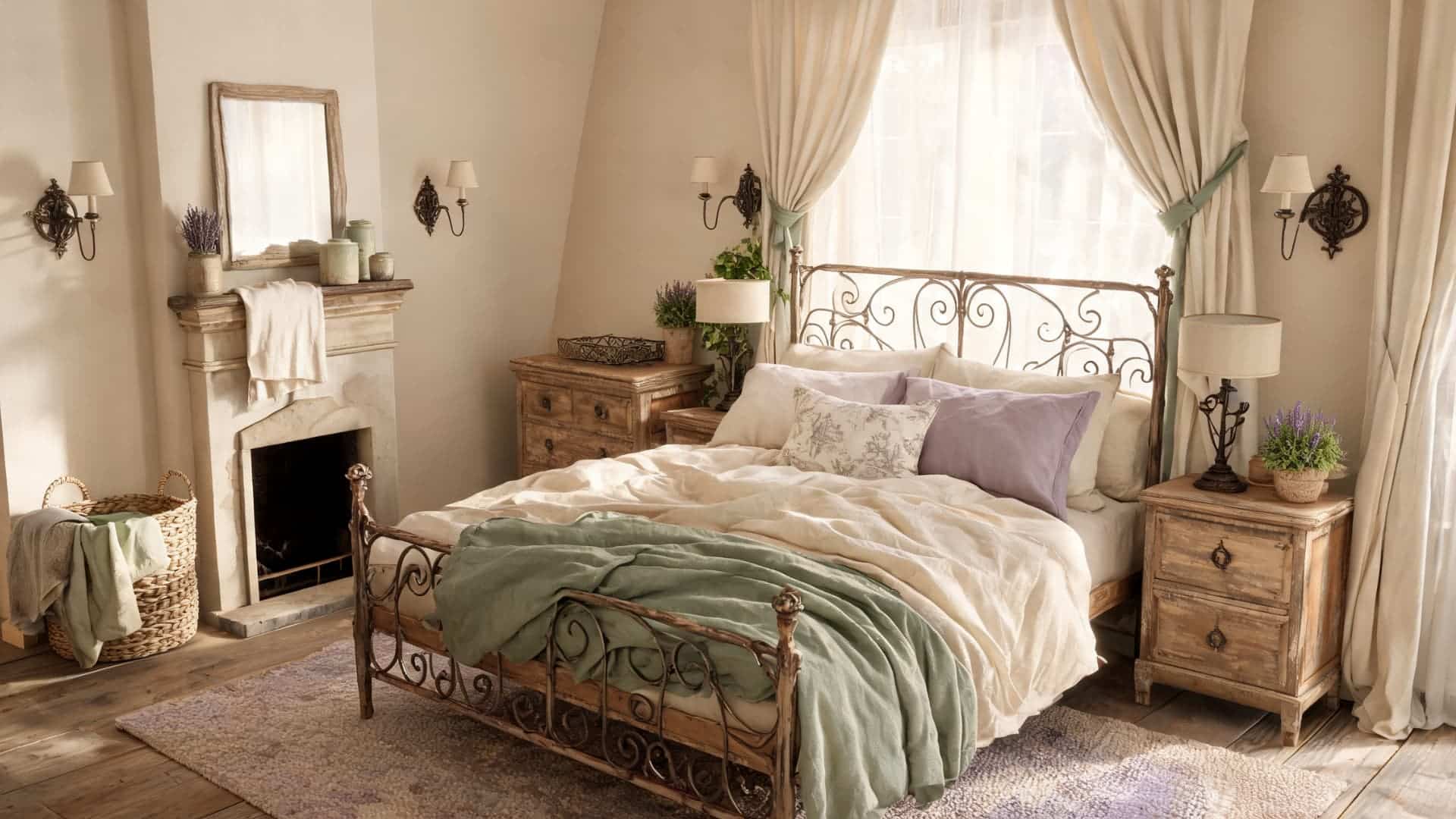 french country bedroom with distressed wood, wrought iron bed, soft linen, lavender accents, and warm light (1)