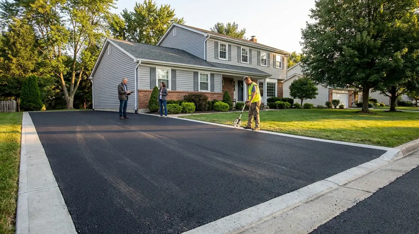 fresh asphalt driveway in front of a home with contractor measuring the surface for cost planning