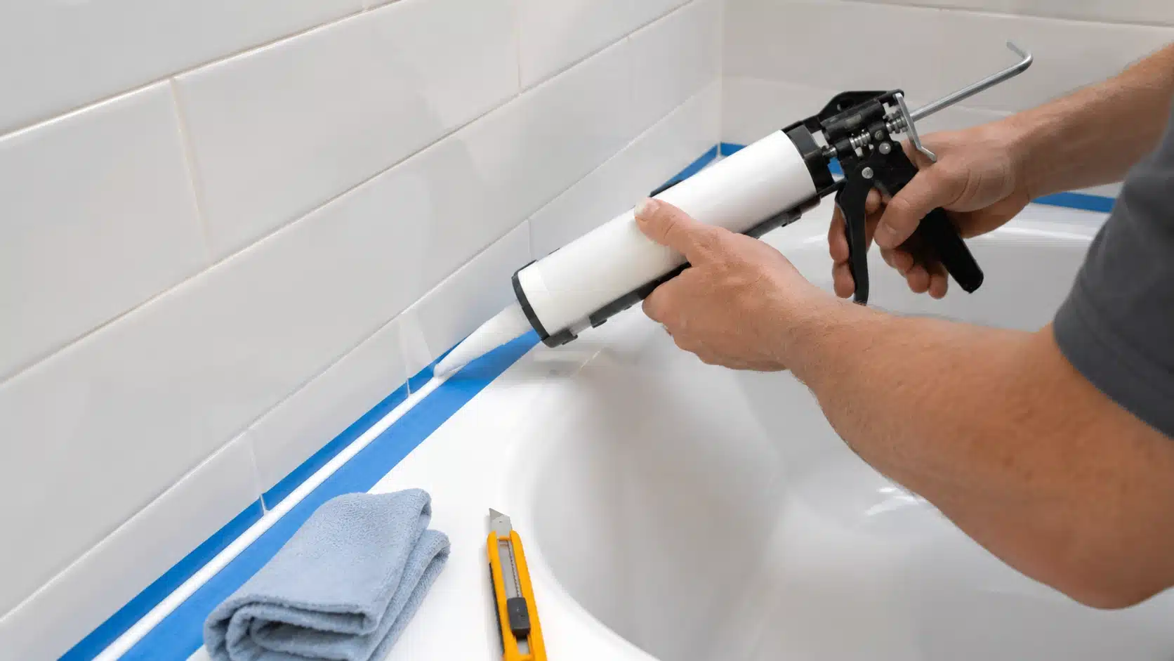 fresh caulk being applied around a bathtub with painter’s tape, a clean example of diy home projects for bathrooms