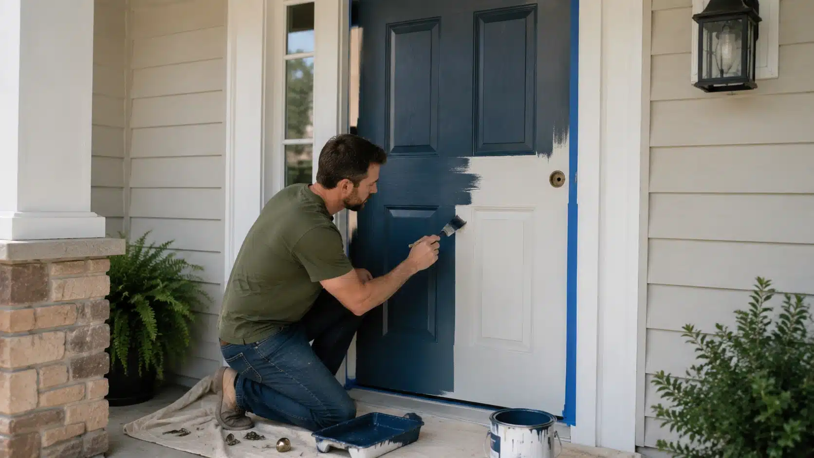 front door diy home projects showing half painted door, painter using brush, removed hardware, and painting supplies