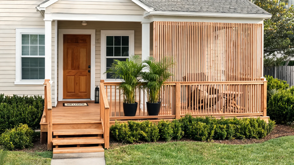 front porch decorating ideas with arm bench, flat rug, planters, and safe walkway