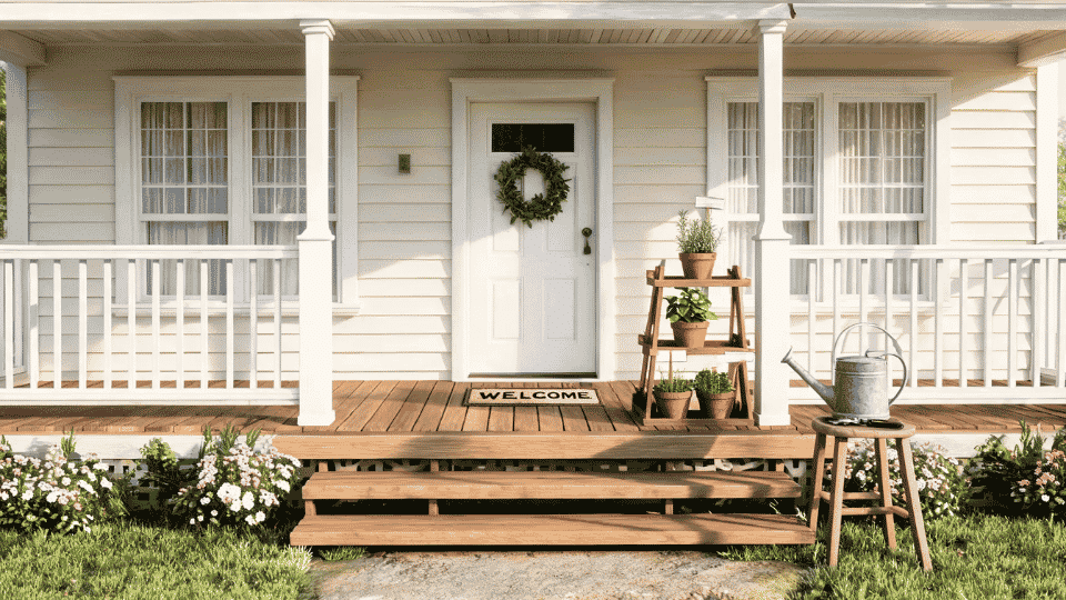 front porch decorating ideas with herb garden stand, watering can, rosemary, basil, and thyme