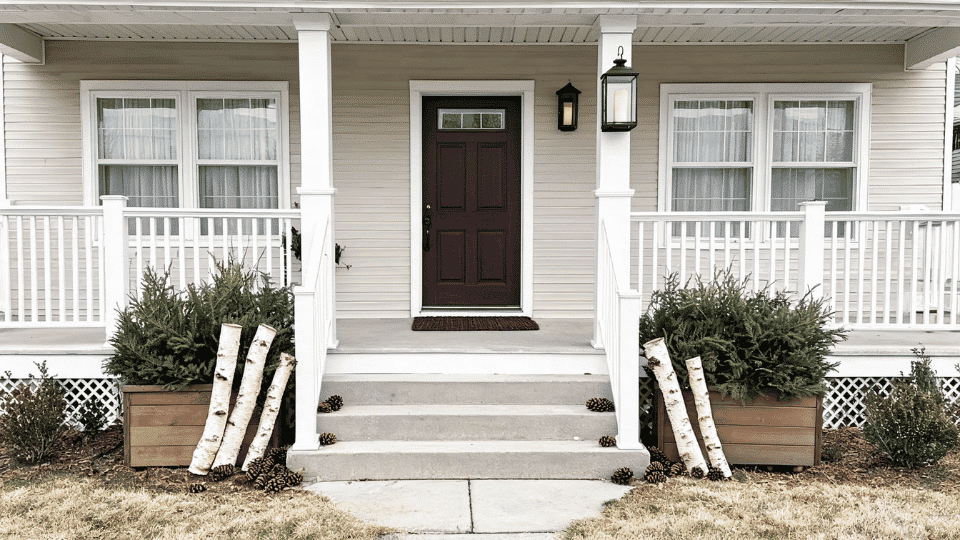 front porch decorating ideas with evergreen planters, birch logs, lantern, and winter decor