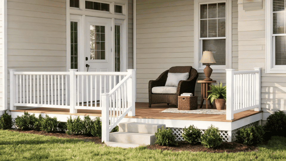 front porch decorating ideas with reading chair, side table, outdoor rug, book basket, and planter