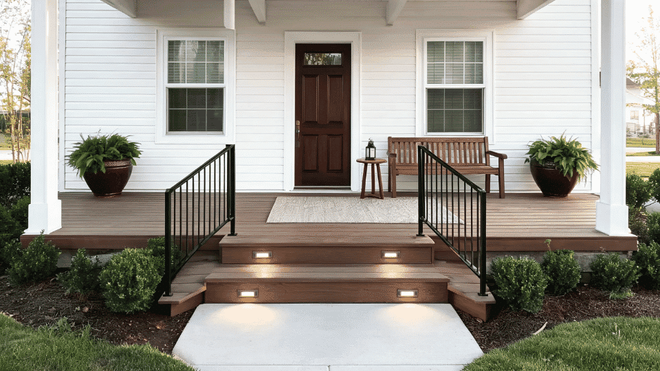 front porch decorating ideas with storage bench, soft wreath, basket, and baby drop zone