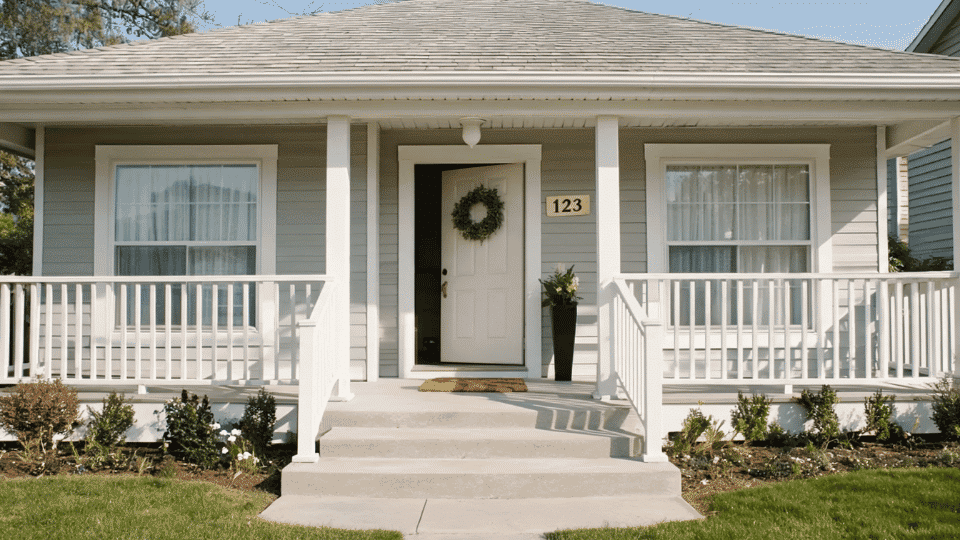 front porch decorating ideas for a tiny stoop with slim planter, mat, wreath, and house number