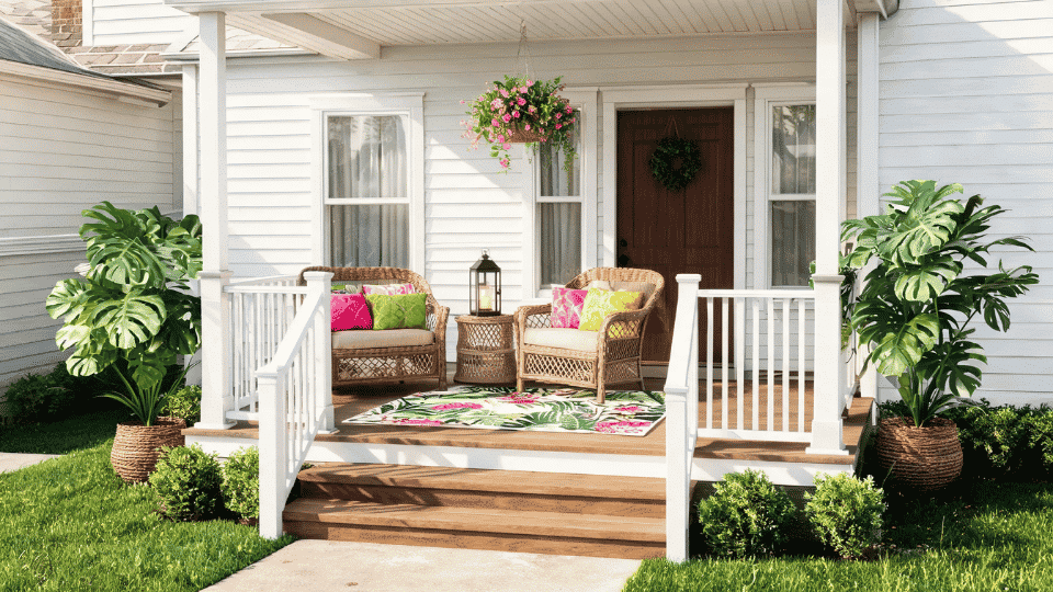 front porch decorating ideas with tropical plants, rattan seating, patterned rug, and lantern