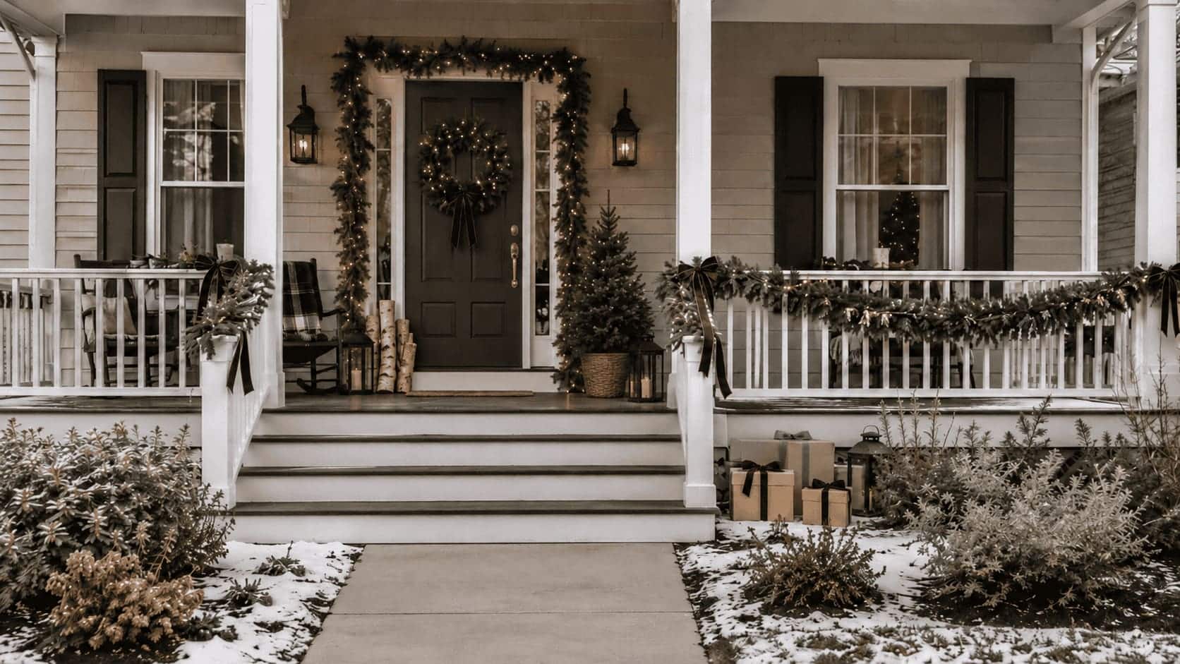 front porch decorating ideas with evergreen wreath, garland, lanterns, and christmas decor