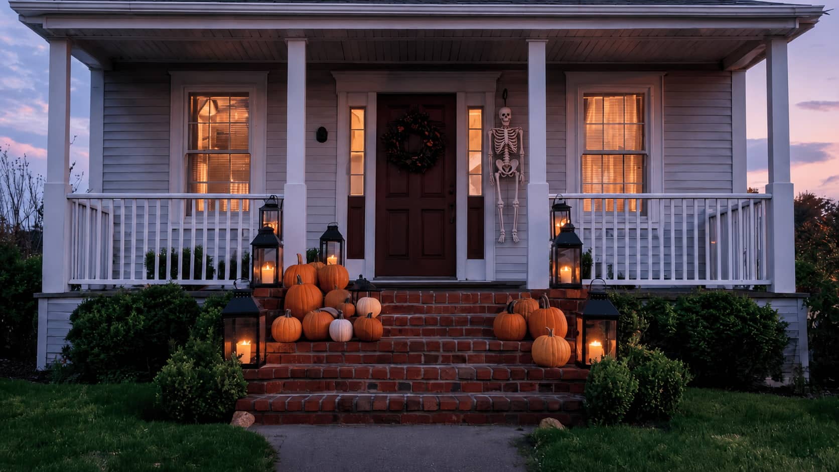 front porch decorating ideas with matte pumpkins, black lanterns, dark wreath, and halloween decor