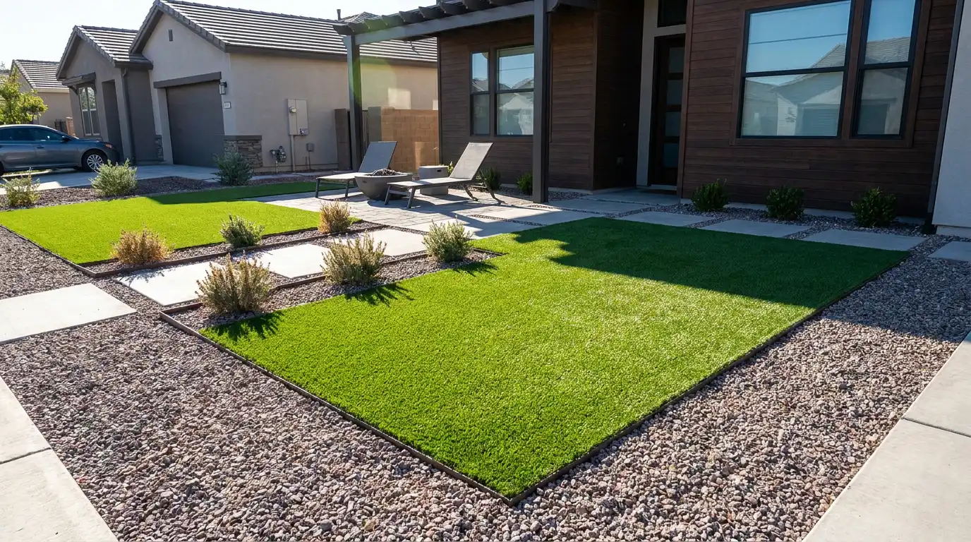 front yard featuring artificial turf sections, gravel landscaping, stone pathways, and low-maintenance modern outdoor residential design