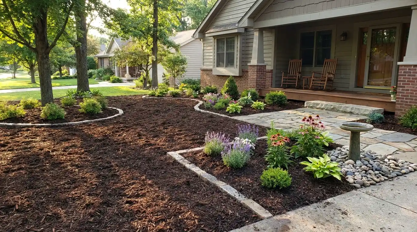 front yard landscaped with dark bark mulch, shrubs, decorative edging, and low-maintenance planting beds around residential home exterior