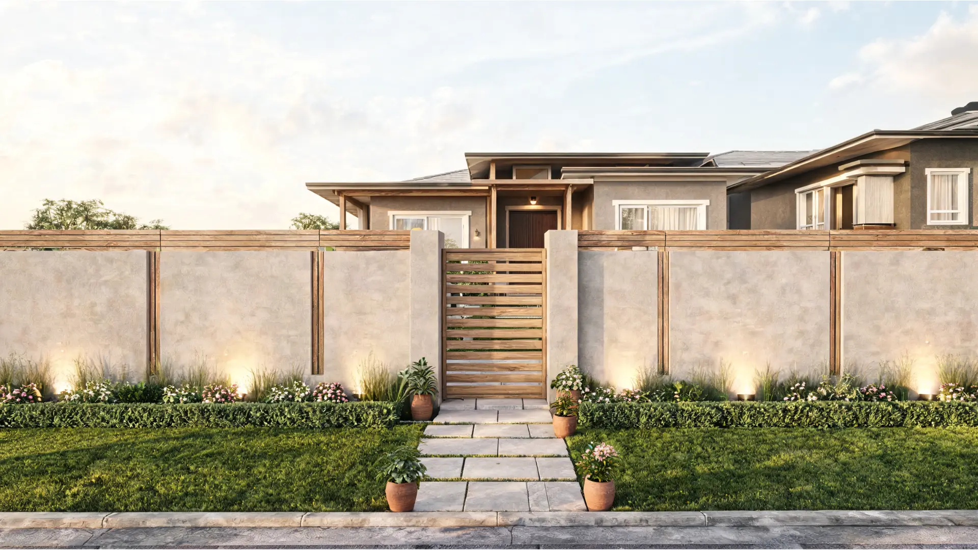front yard privacy wall with plants, lighting, and a matching gate for a secure and polished street-facing entrance