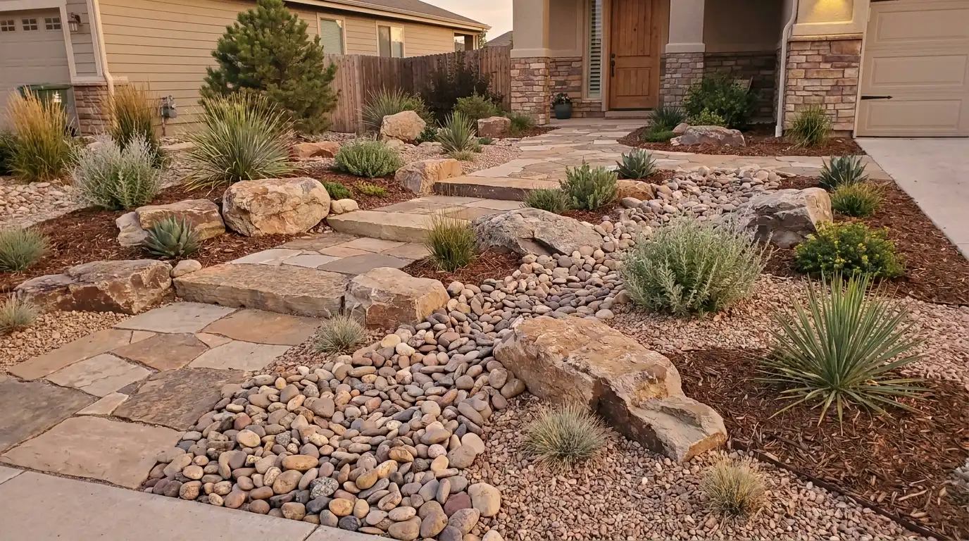 front yard rock garden with layered stones, drought-friendly plants, natural textures, and low-maintenance landscaping around modern home exterior