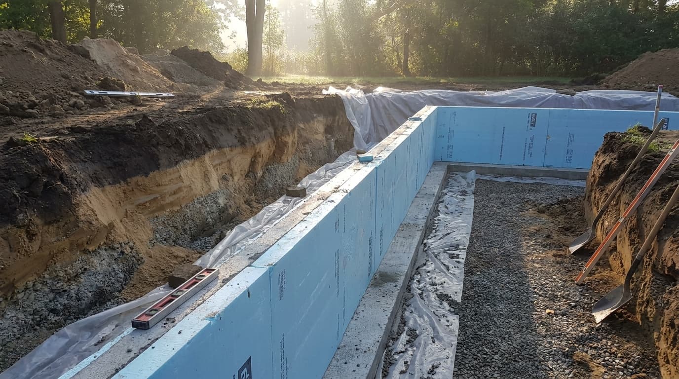 frost-protected shallow foundation with insulation and shallow excavation under natural lighting
