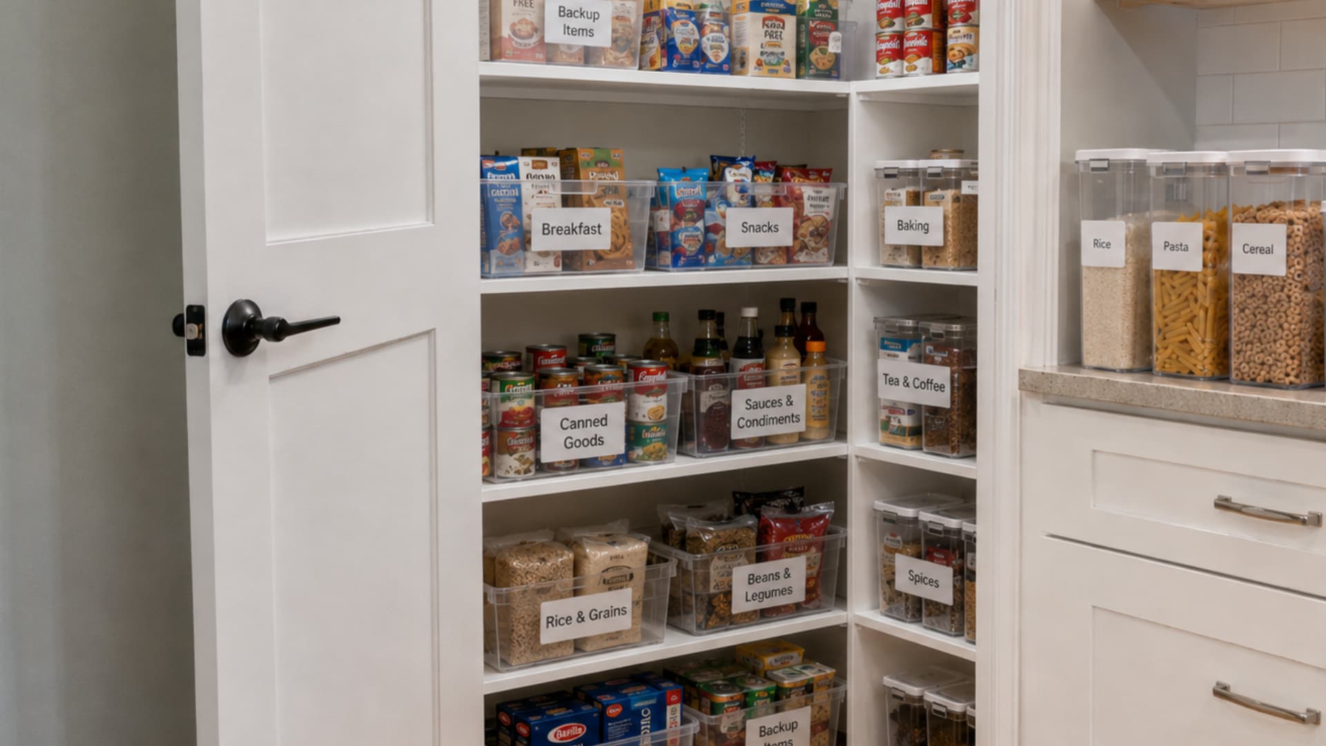 fully organized pantry shelves with clear zones for breakfast snacks baking canned goods rice pasta spices arranged