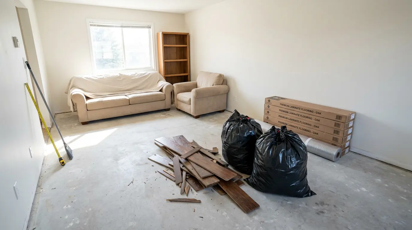 furniture moved aside with flooring waste, laminate boxes, and cleanup items during installation prep