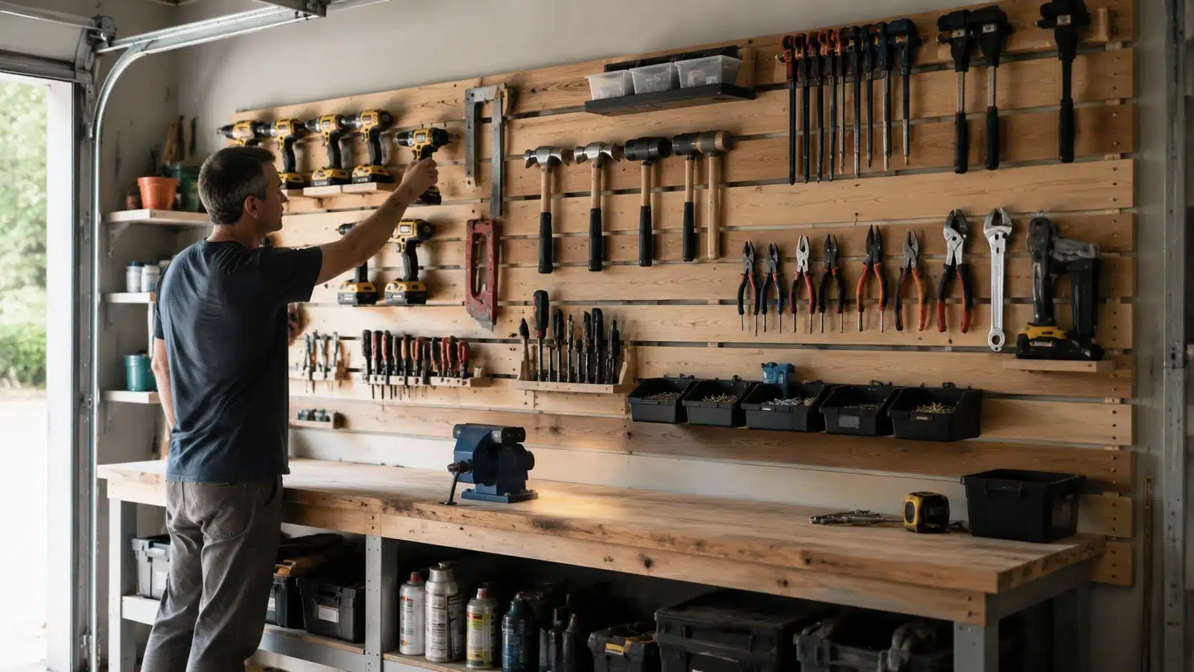 garage diy home projects showing organized tool wall with drills, hammers, screwdrivers, bins, and person hanging a tool